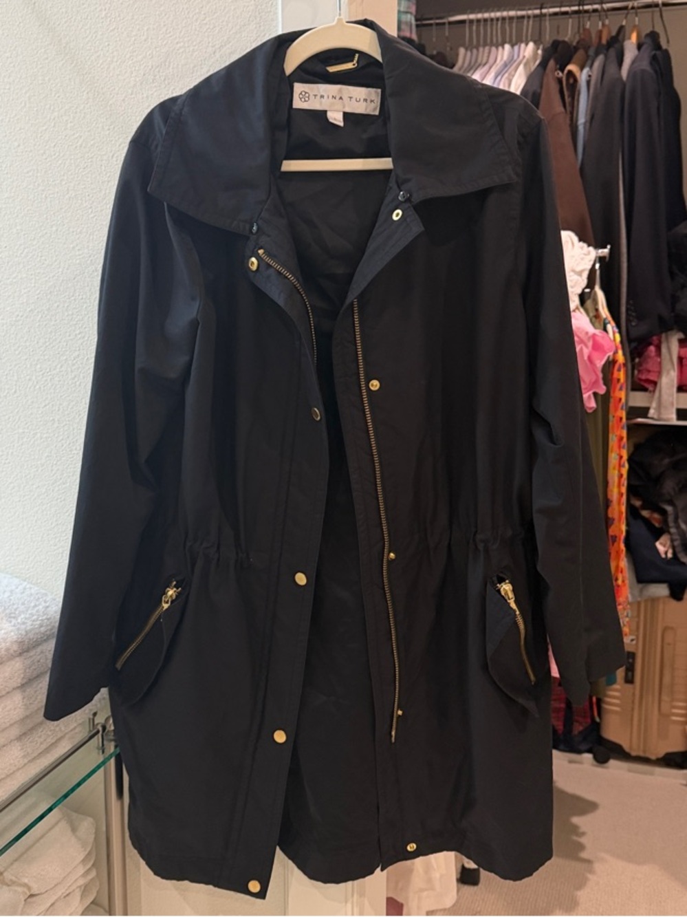 Trina Turk Black Rain Coat with Gold Hardware